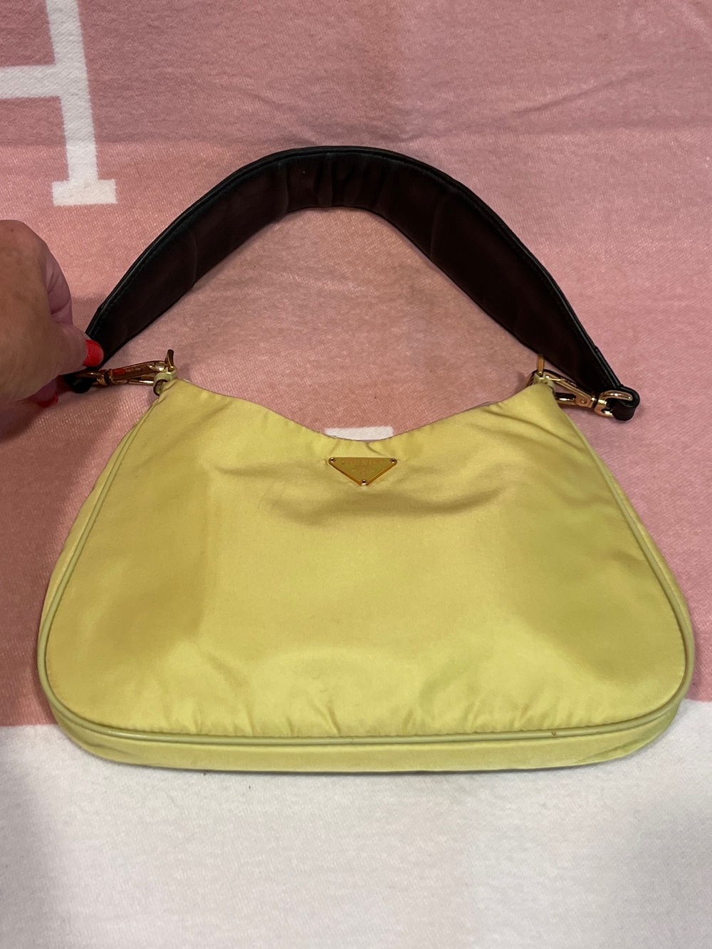 PRADA🌟Neon Yellow/green NO STAINS! Nylon Shoulder Bag. Black leather Prada add - Picture 3 of 13